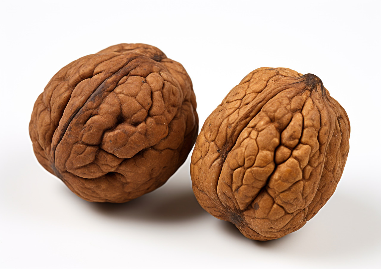 Two walnuts on a white background, walnuts image