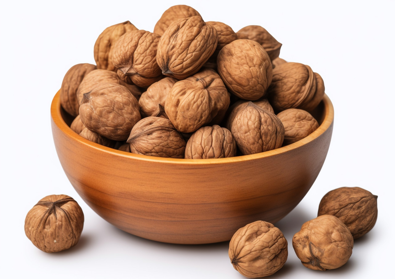 Walnuts in a bowl on a white background, walnuts image