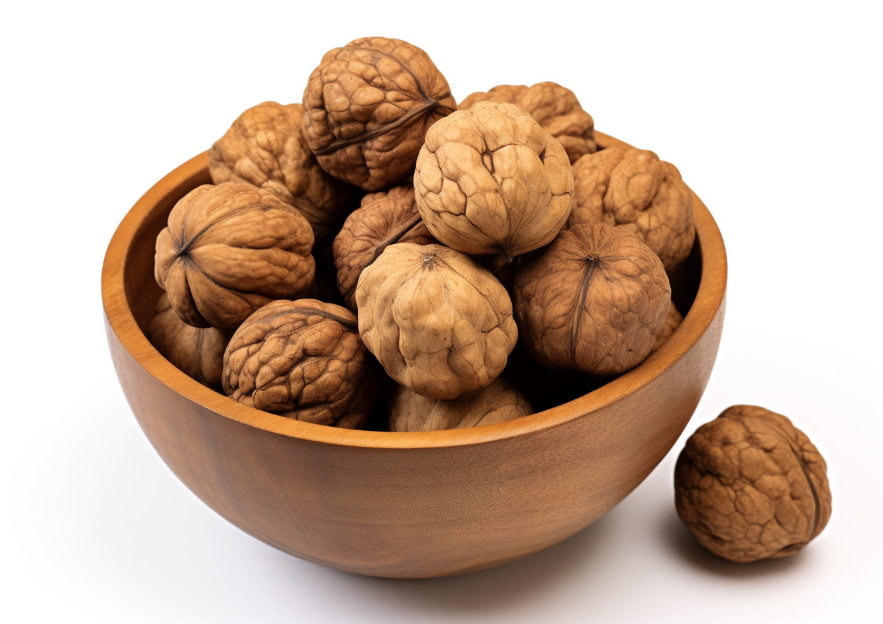 Walnuts in a white bowl, walnuts image