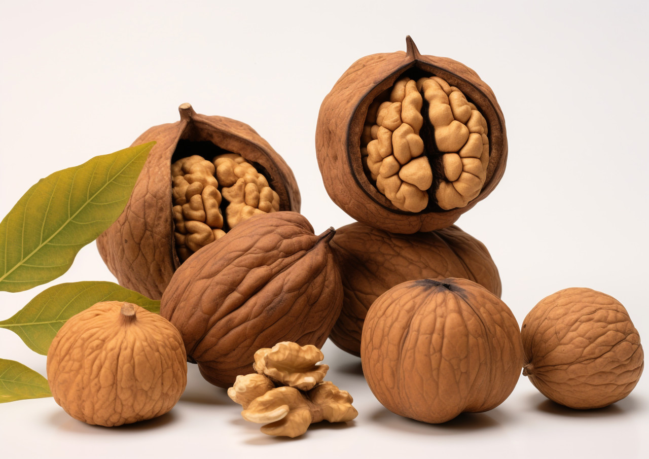 Whole and half walnuts on a white background, walnuts image