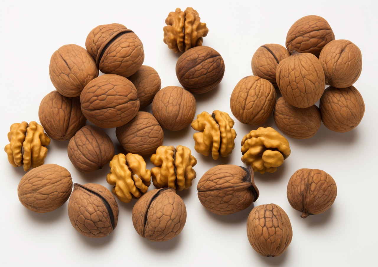 Walnut halves on a white background, walnuts image