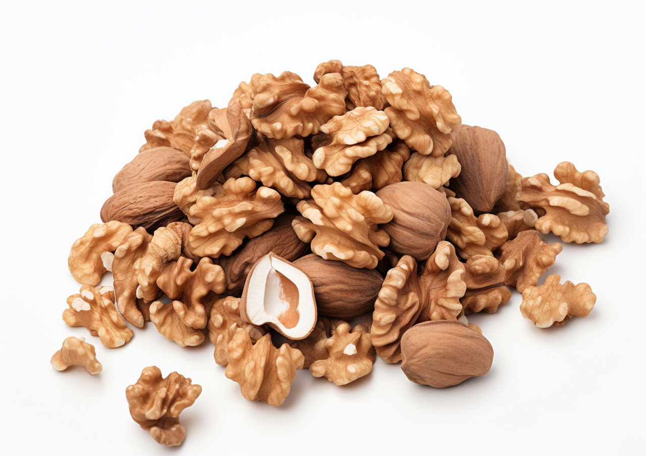 Plummed walnuts are smashed up in a heap on a white background, walnuts image
