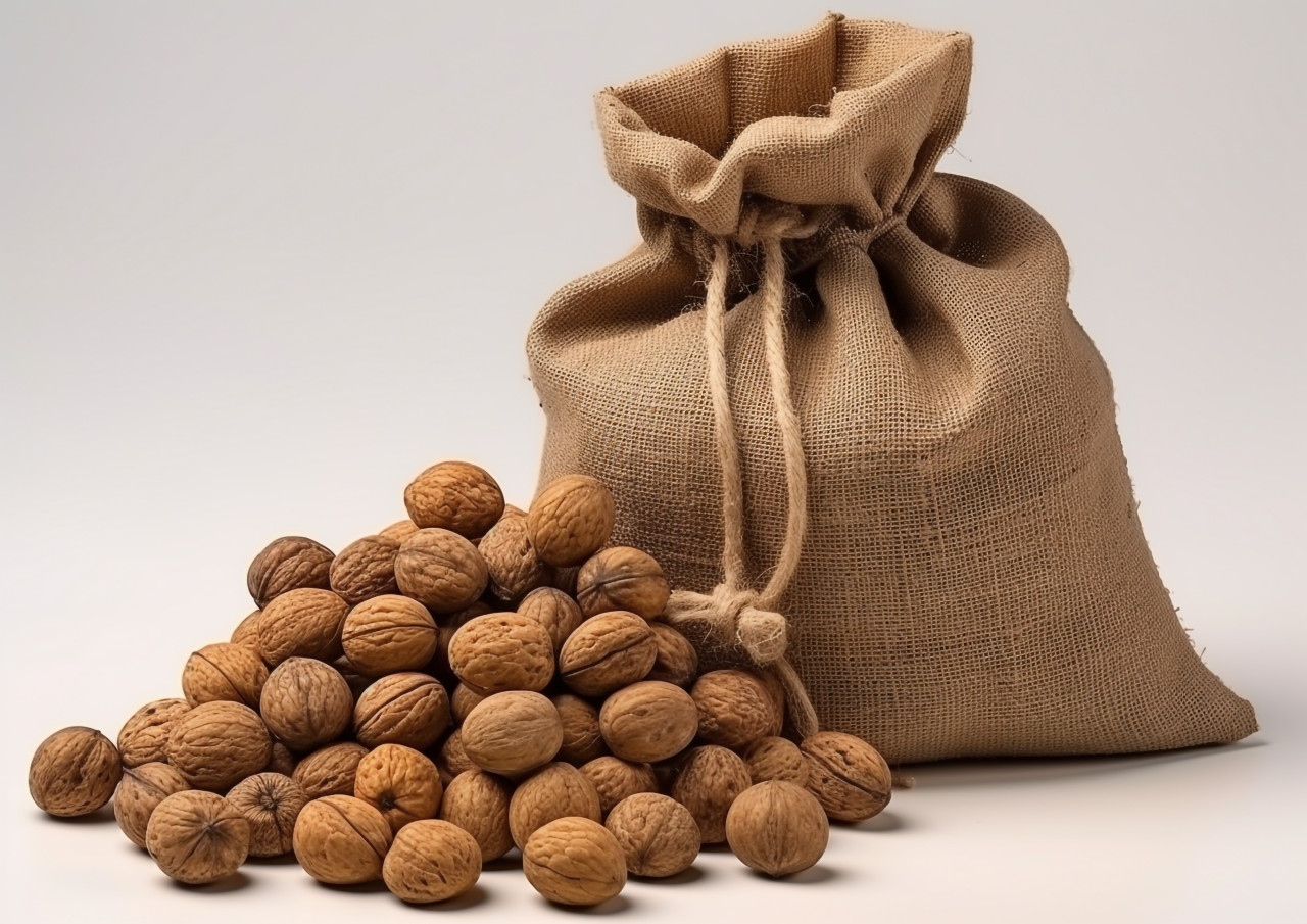 Walnuts in a bag with holes and nuts, walnuts image