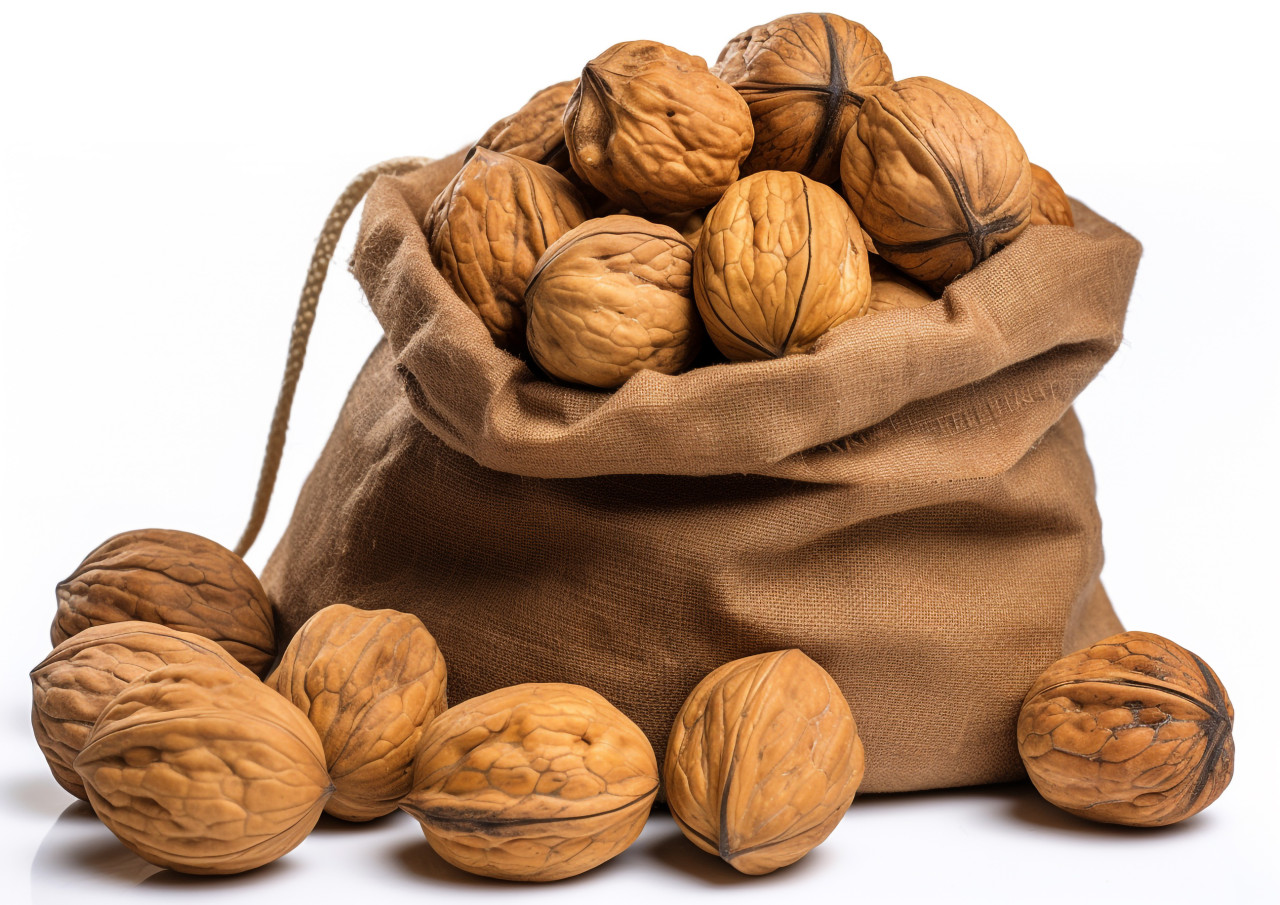Walnuts in a bag sitting on top of a white background, walnuts image
