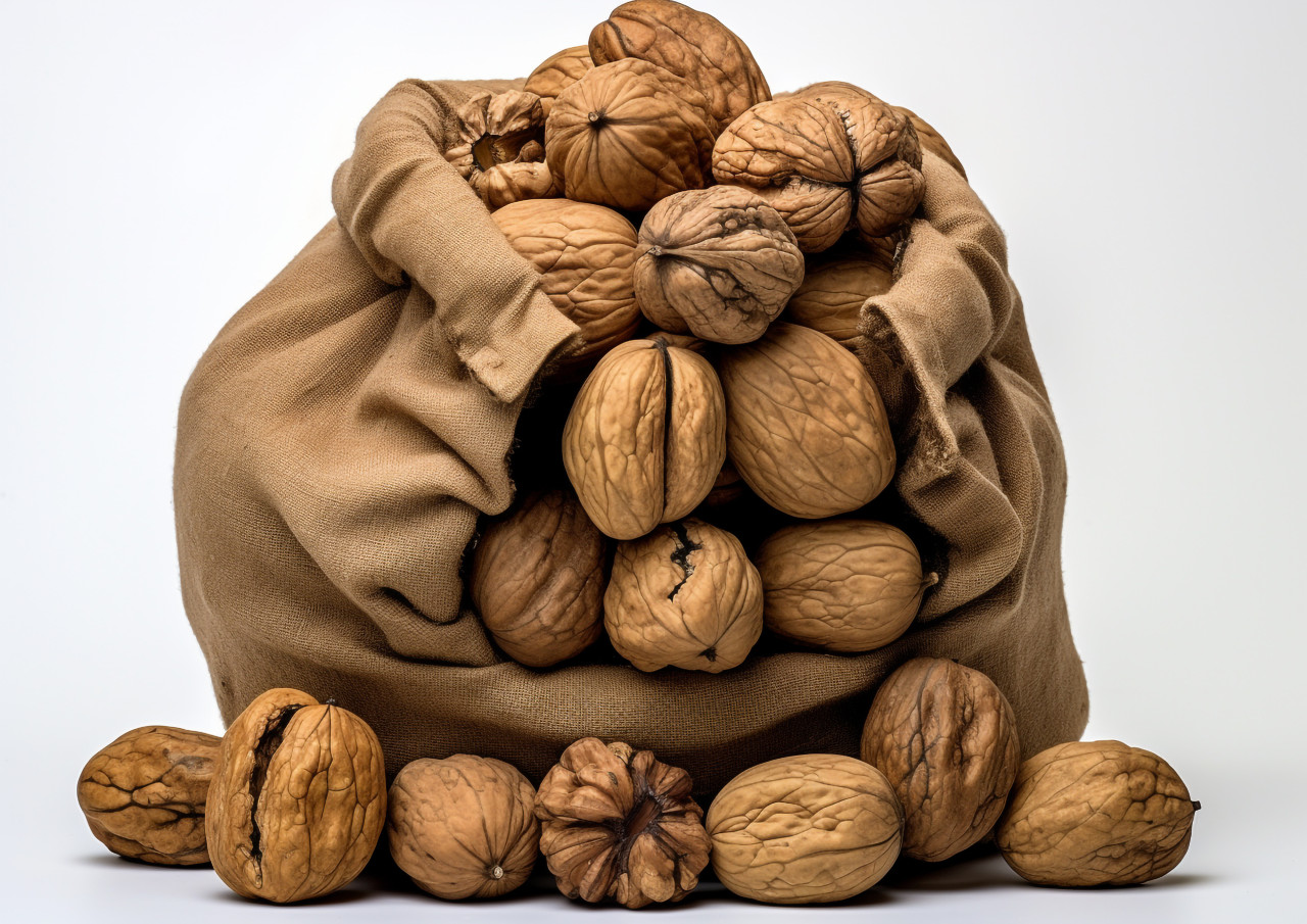 Walnuts in a sack on a white background, walnuts image