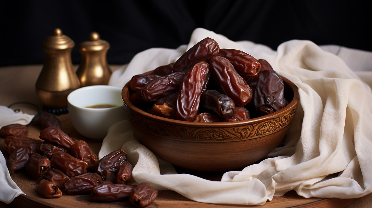 Dates in a brown bowl on a white surface, sweet dates image