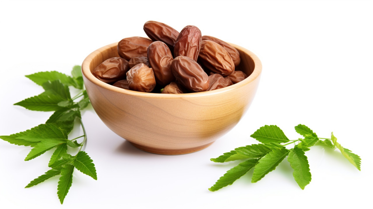 Dates in date bowl with green leaves on white background, sweet dates image