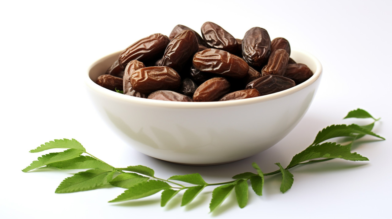 Dates in a bowl with green leaves isolated on white, sweet dates image