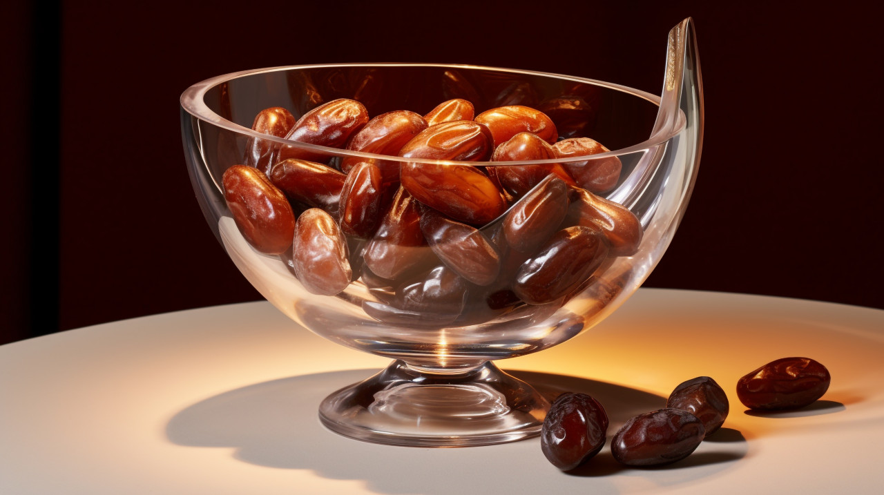 Dates in a glass bowl, with two dates in the front, sweet dates image