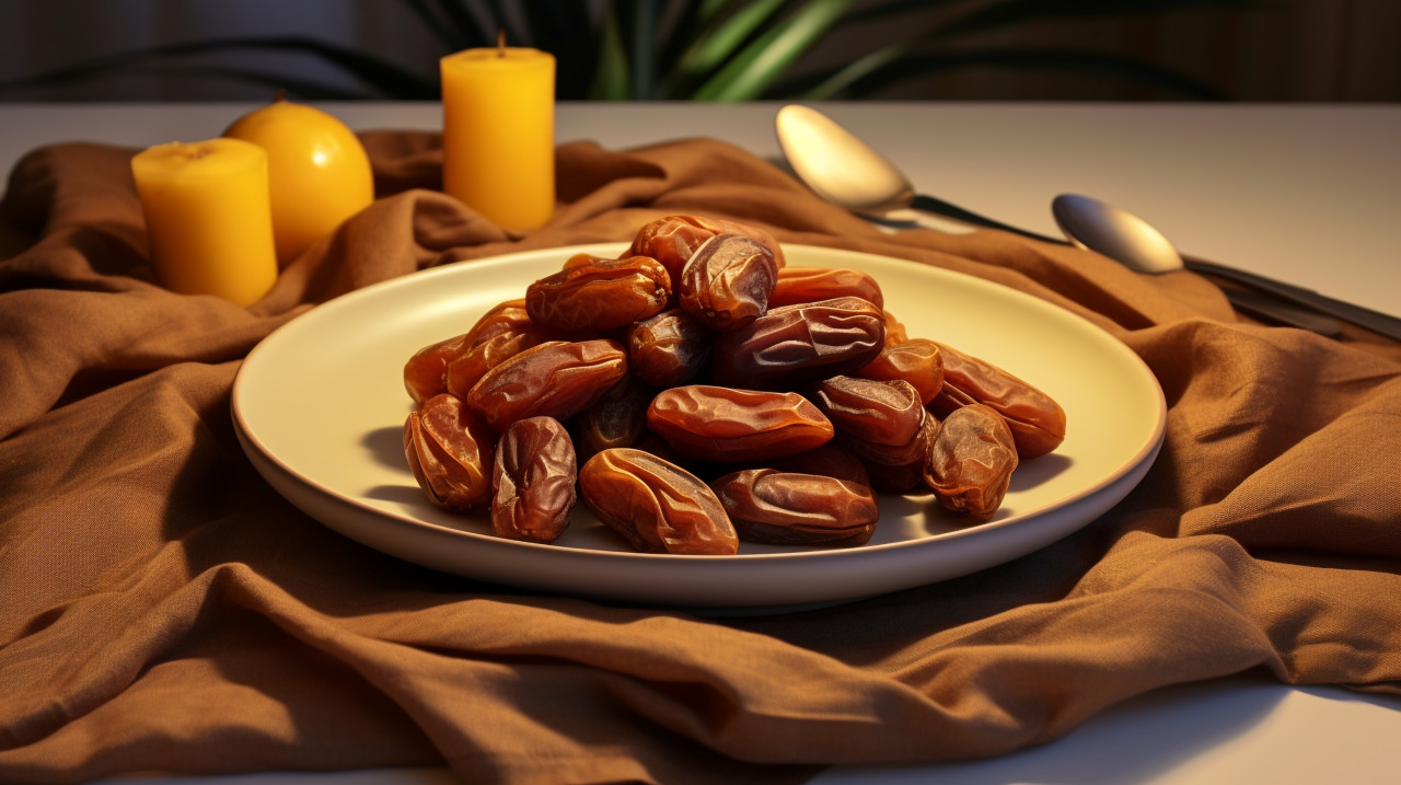 Dried dates on a white plate, sweet dates image