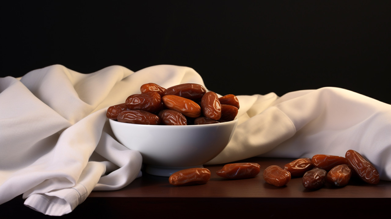 Datessafeer or dates in white bowl on table, sweet dates image