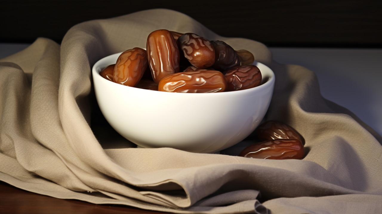 A bowl of dates on a white table, sweet dates image