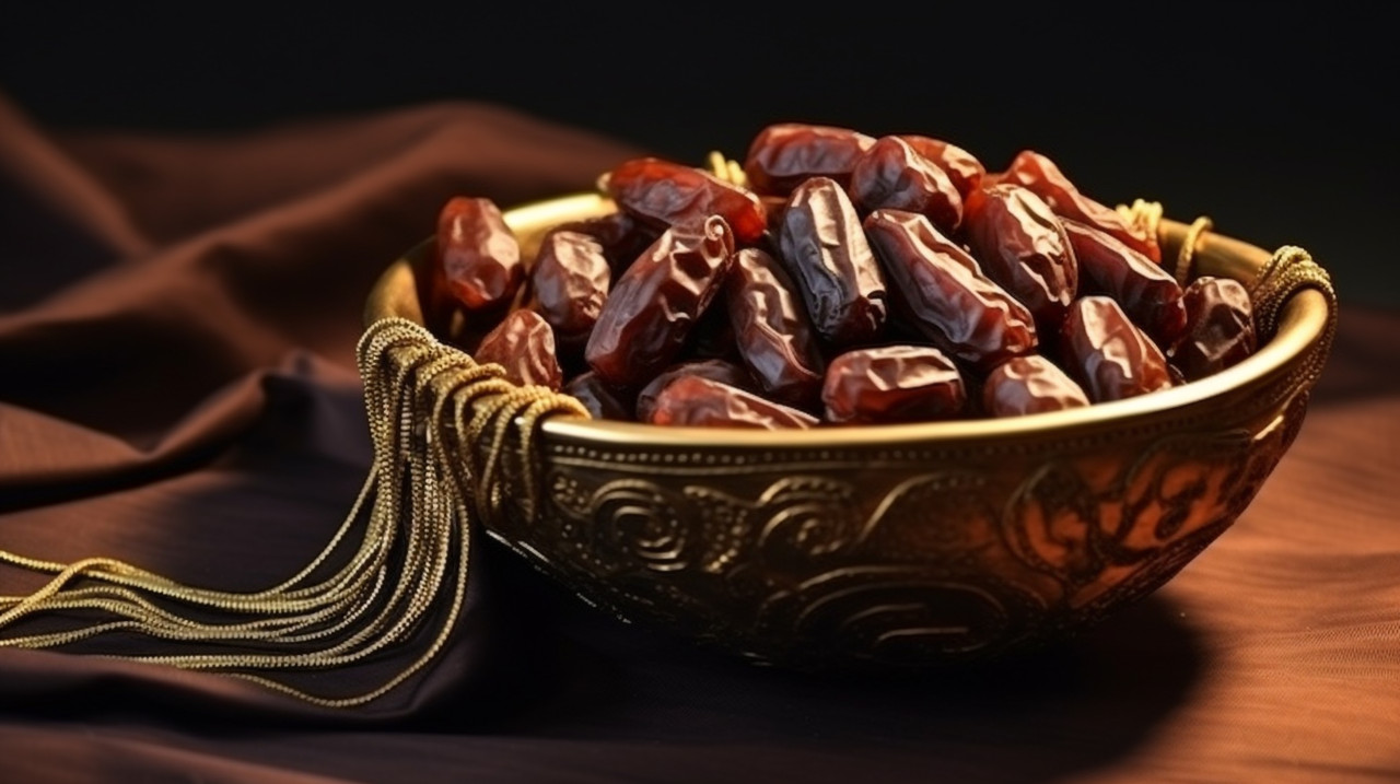 Dates are placed in a ceramic bowl, sweet dates image
