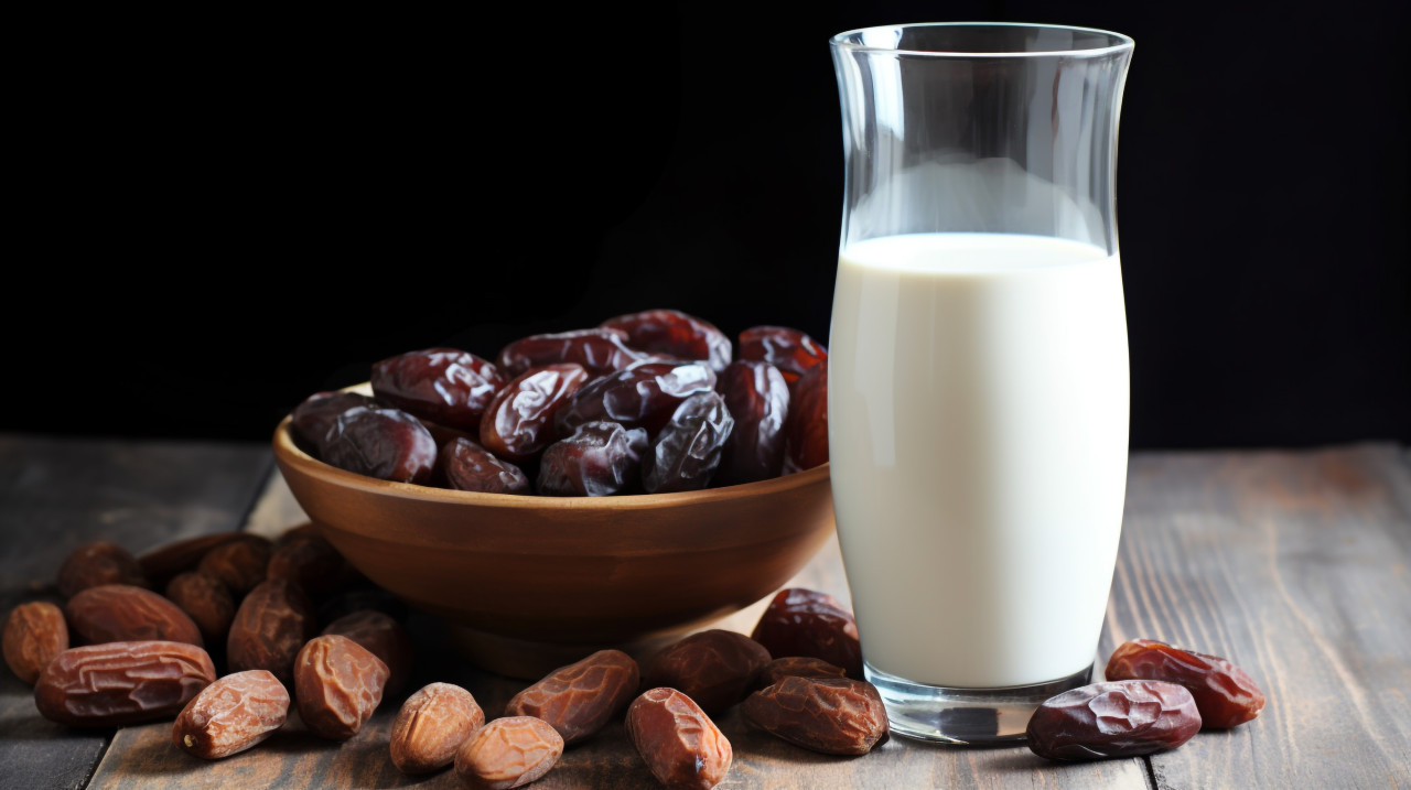 A glass of milk next to some dates, sweet dates image