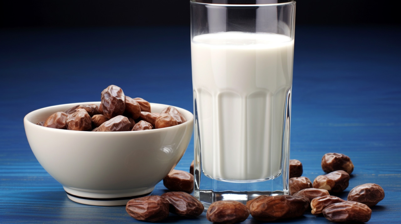 Glass of milk and dates next to a blue background, sweet dates image
