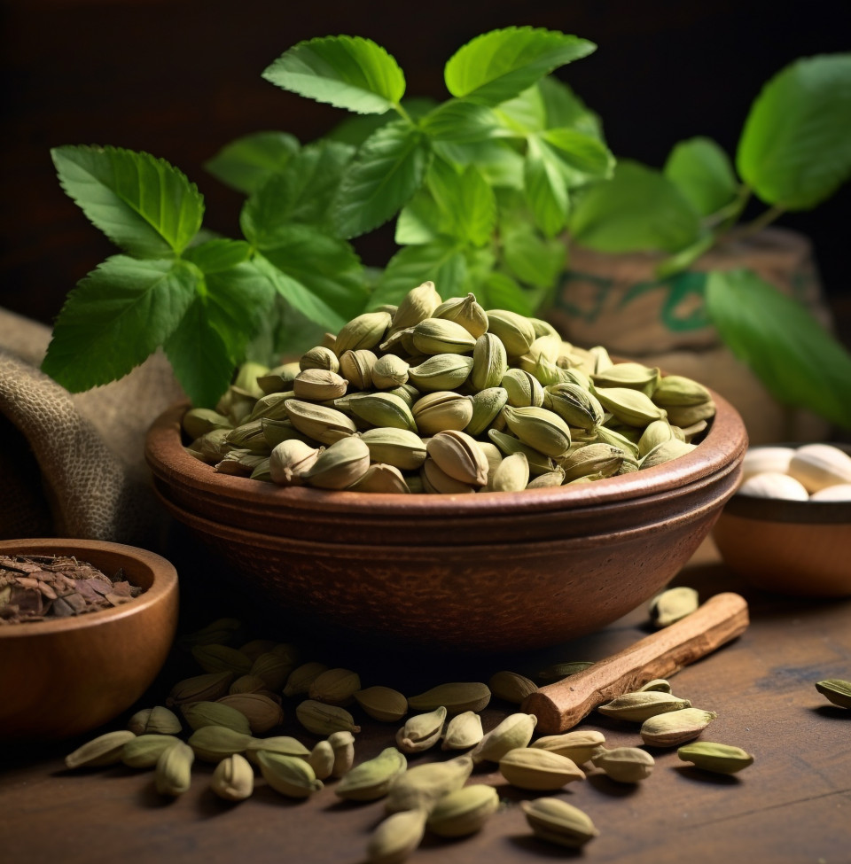A bowl of pistachios with leaves, pistachio nut image