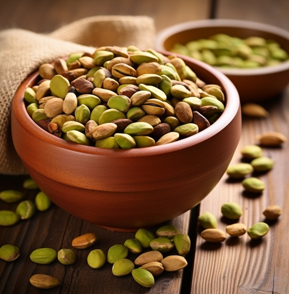 A bowl filled with pistachios on top of wooden table stock photo, pistachio nut image