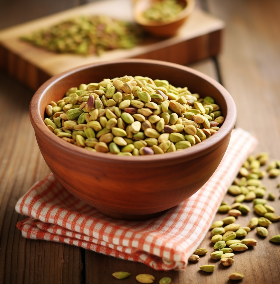 Pistachio snack on a wooden surface, pistachio nut image