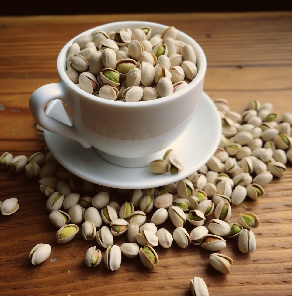 A bowl filled with pistachios on top of wooden table stock photo, pistachio nut image