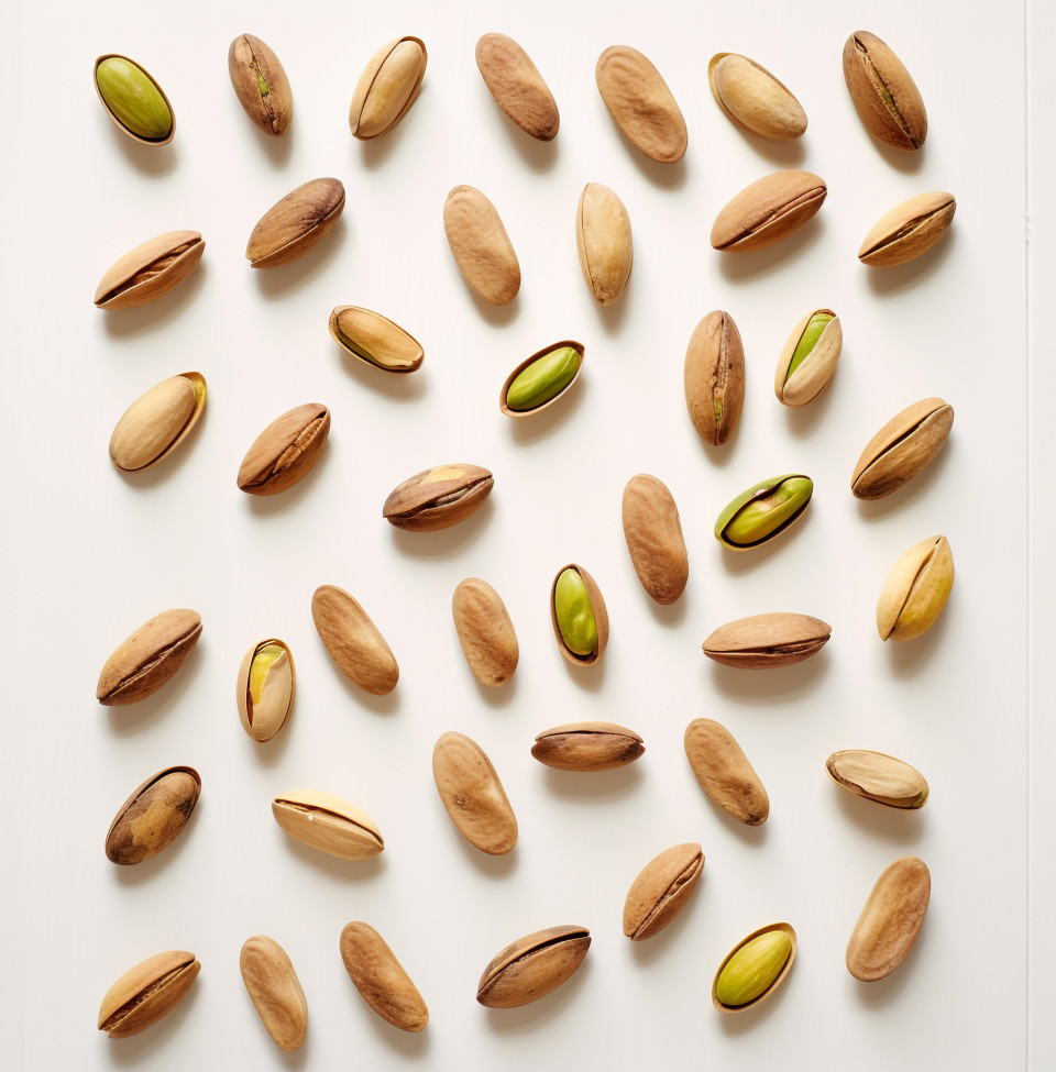 Several pistachios on white wooden background, pistachio nut image