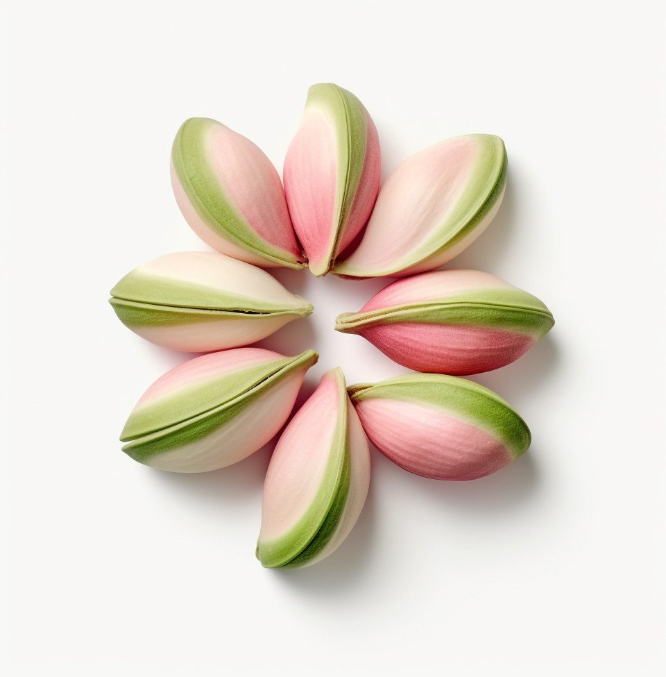 Six open pistachio nuts on a white background, pistachio nut image