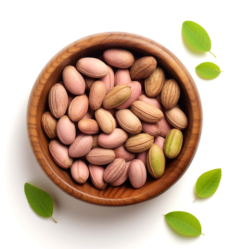 Pistachios in a wooden bowl on a white background, pistachio nut image