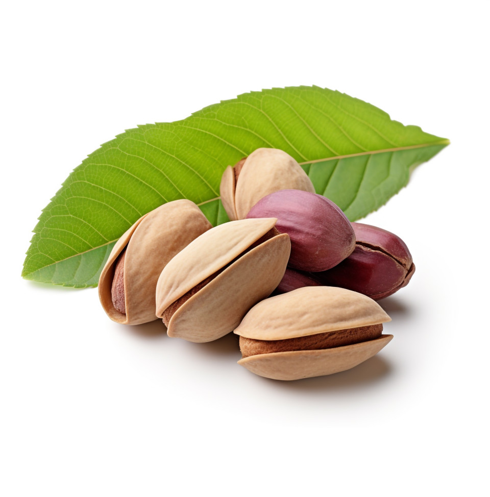 Pistachio nuts placed on a white background with leaf, pistachio nut image