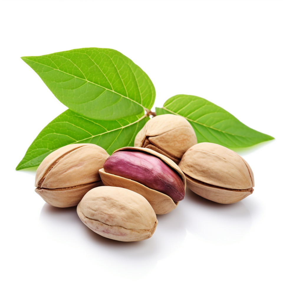 Pistachios in a leafy wreath, pistachio nut image