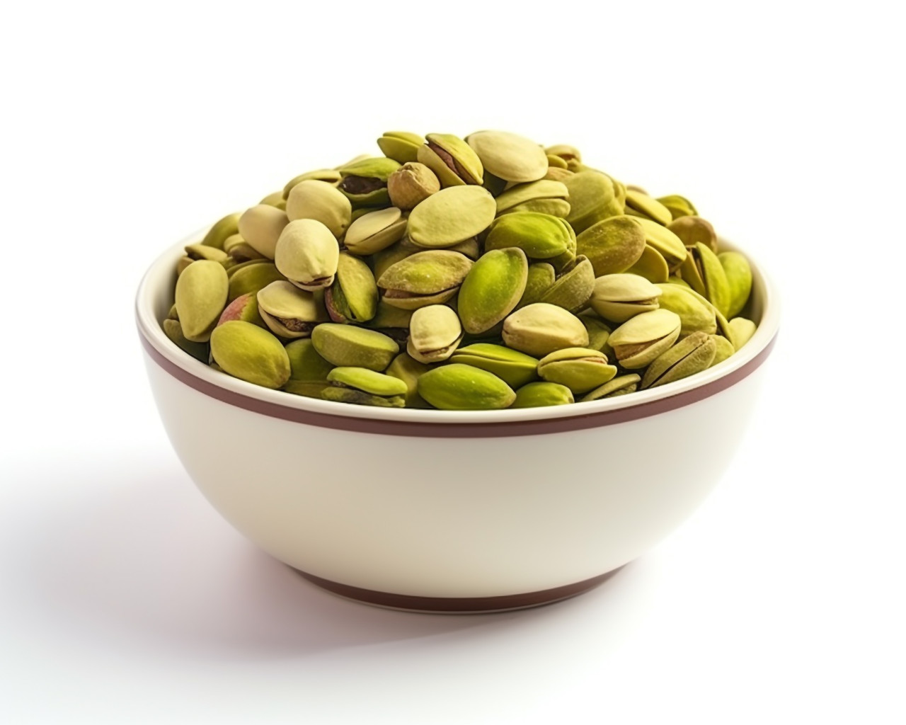 A bowl of pistachios is arranged on a white background, pistachio nut image
