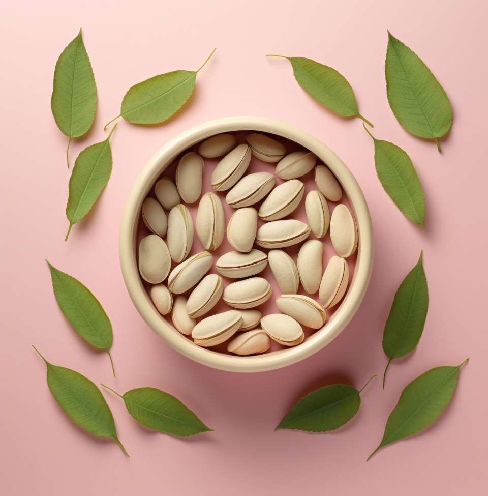 A bowl of pistachio nuts with leaves around it, pistachio nut image