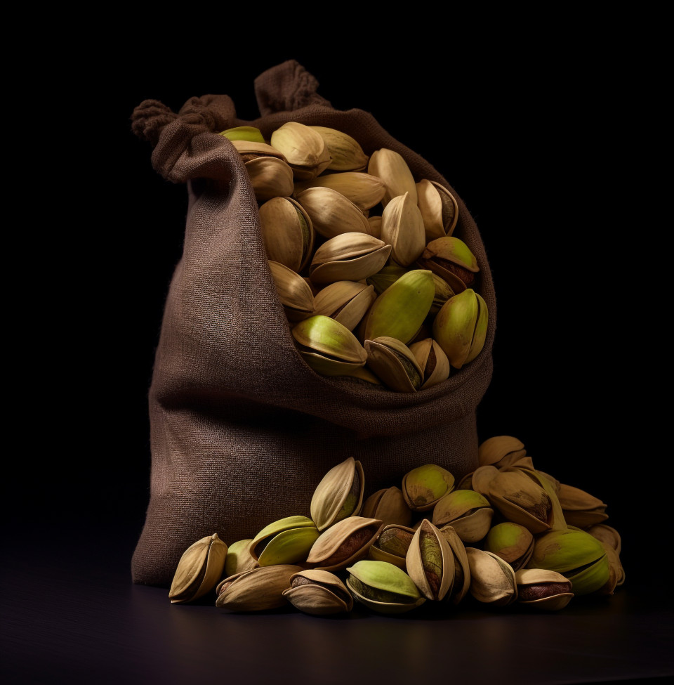 Pistachio nuts in a sack on black dark background in natural daylight photo, pistachio nut image