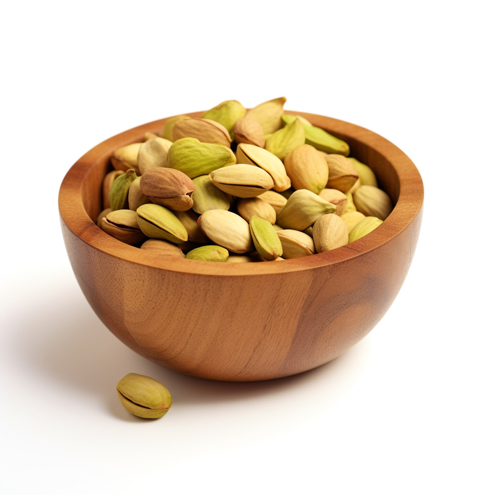 Pistachio nuts in a wooden bowl with white background, pistachio nut image