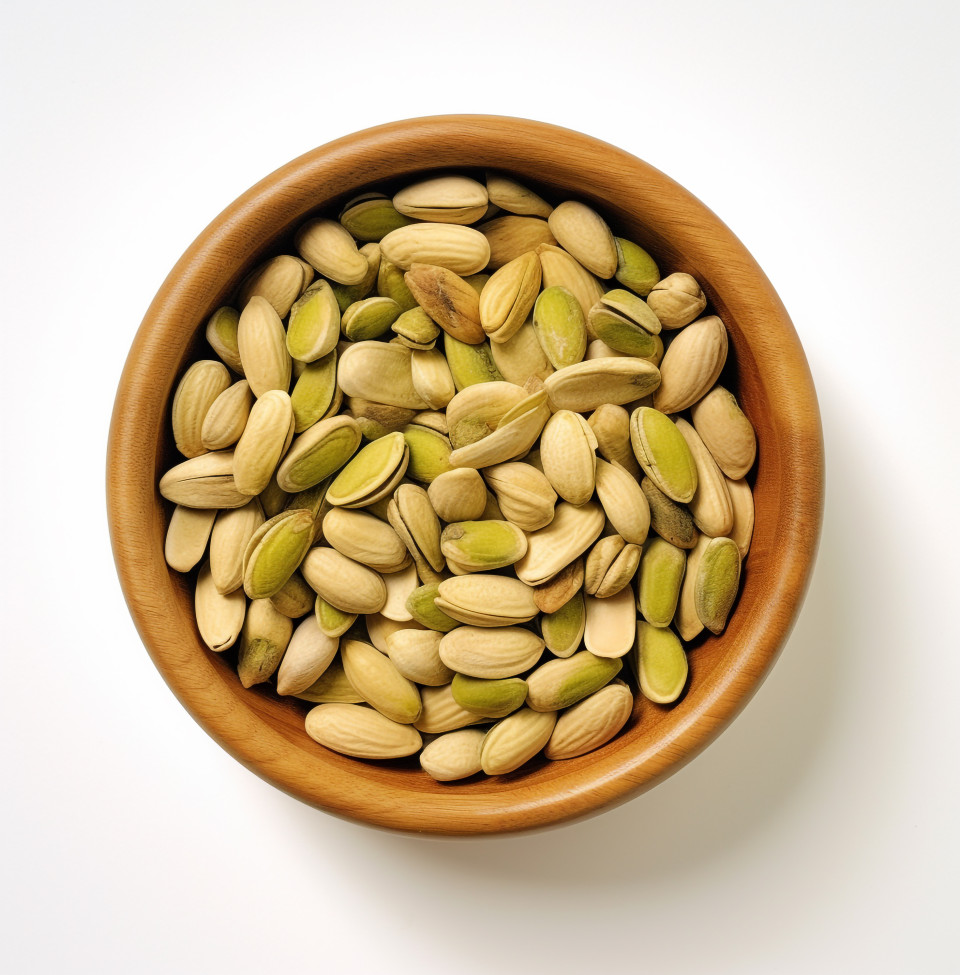 Full bowl of pistachios with white background, pistachio nut image