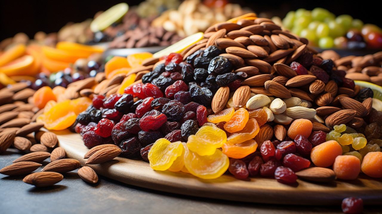 A pile of almonds and dried fruits, dry fruits mix image