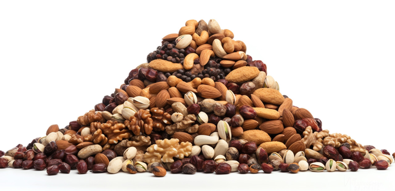 A pile of nuts on a white background, dry fruits mix image