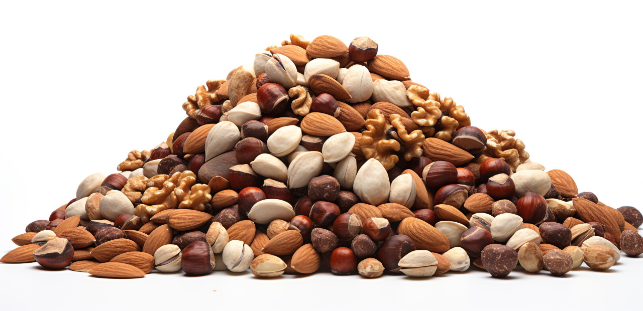 A variety of nuts on a white background, dry fruits mix image
