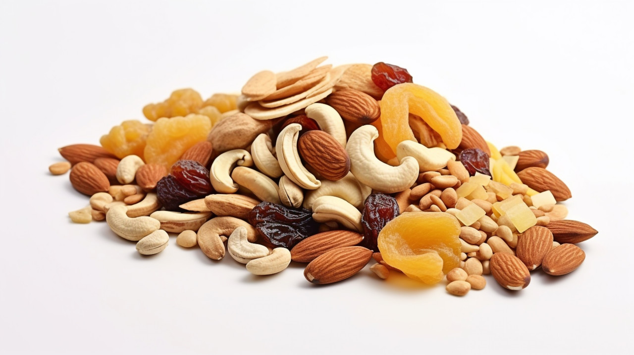 A dried dry fruits with nuts is on white background, dry fruits mix image