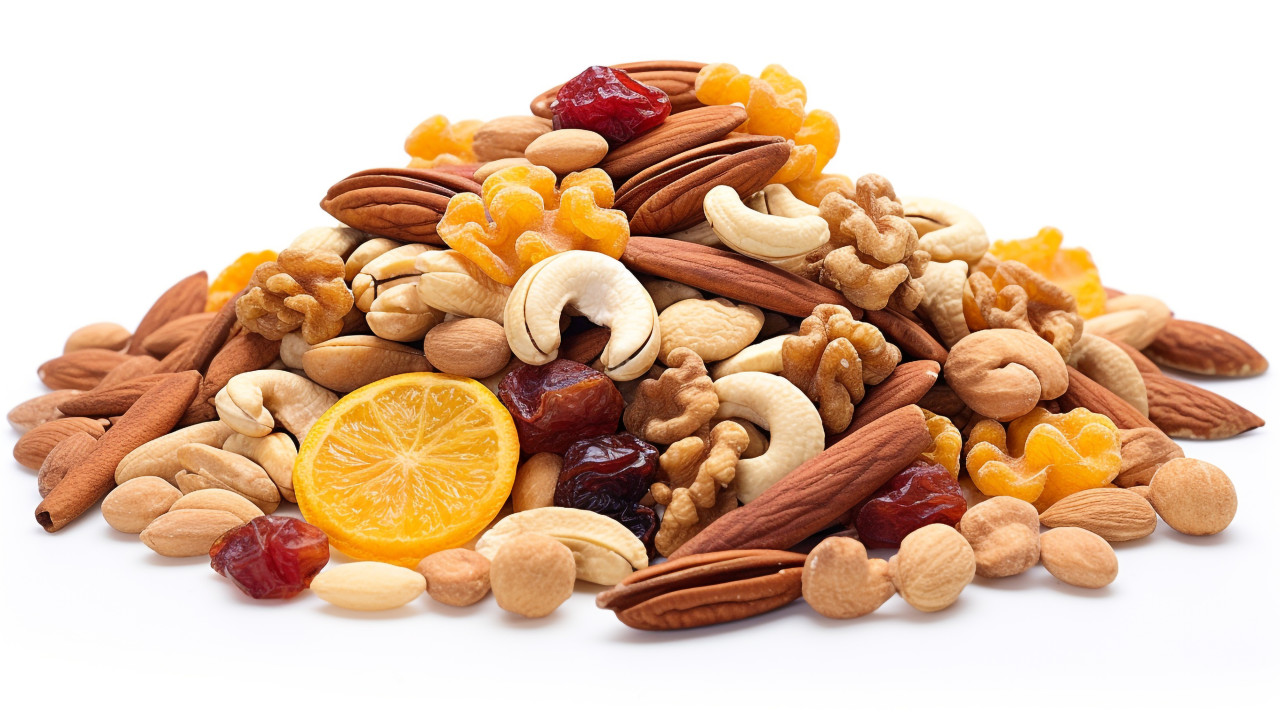 Healthy snack of dried fruits and nuts on white, dry fruits mix image