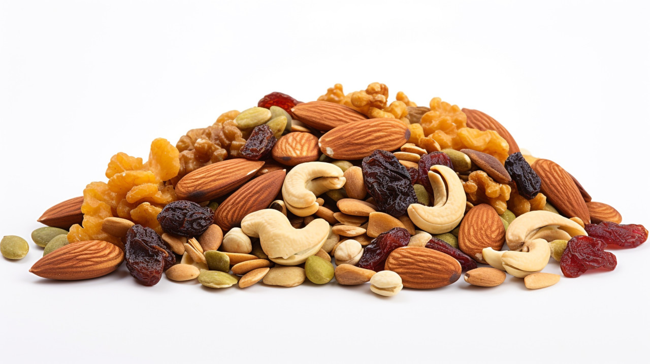 Heap of dried fruits and nuts on white, dry fruits mix image