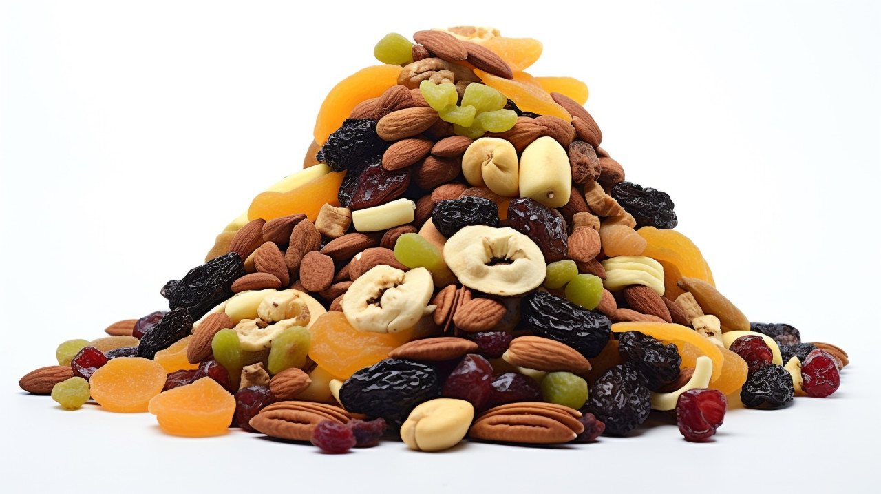 A pile of dried fruits and nuts are shown white background, dry fruits mix image