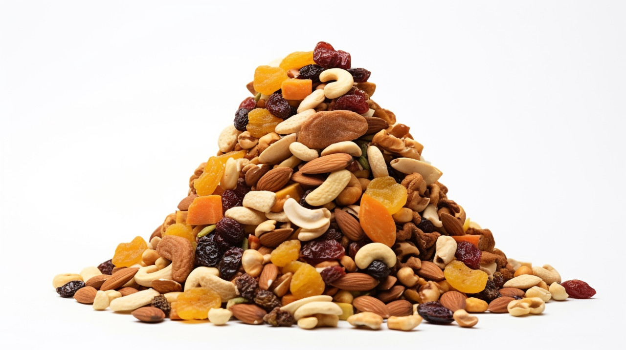 Pile of dried fruits and nuts on white background, dry fruits mix image