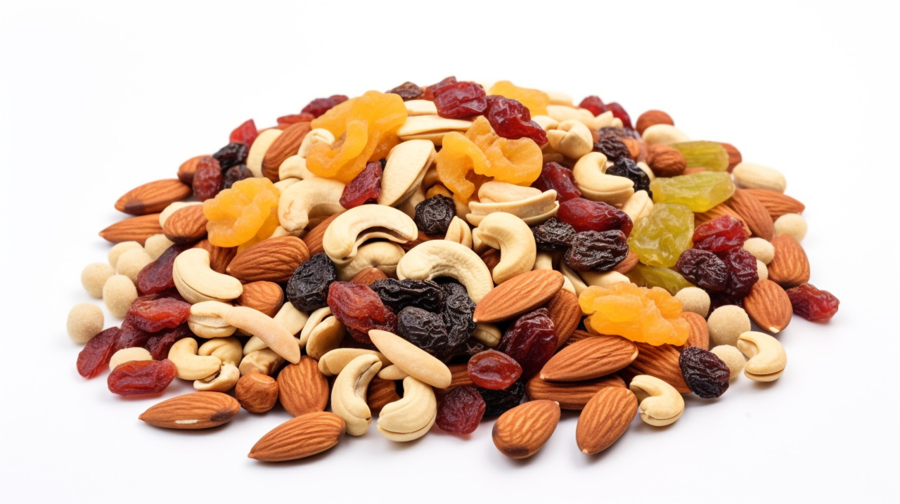 Dried nuts and mixed dry fruit on white background, dry fruits mix image