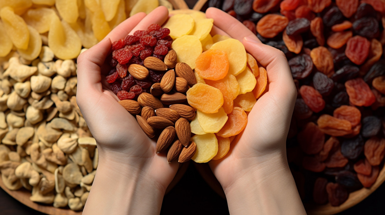 A womans hand is holding a handful of nuts and dried fruits, dry fruits mix image