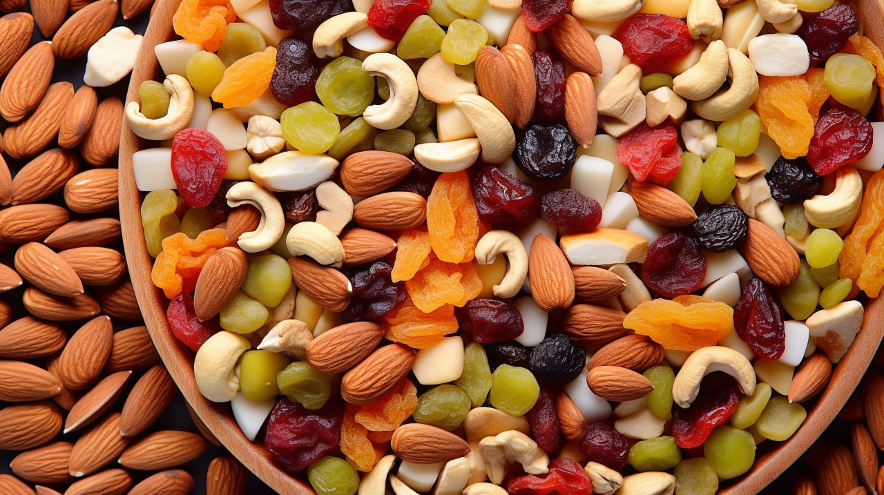 A wide shot of a bowl of mixed dried fruits, dry fruits mix image