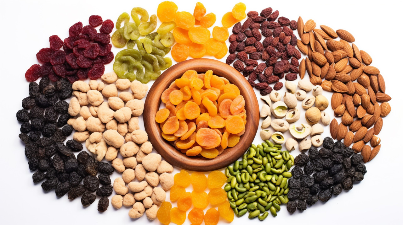 A fisheye shot of a variety of mixed dried fruits, dry fruits mix image