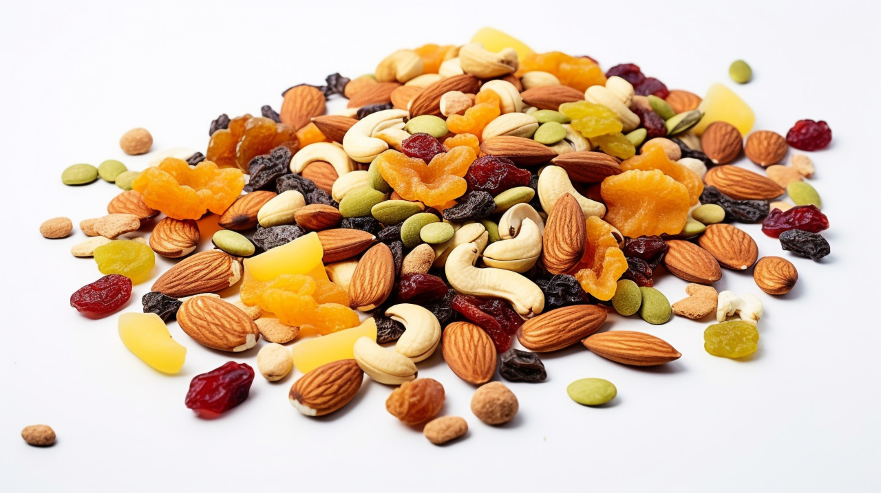 A wide-angle shot of a variety of mixed dried fruits, dry fruits mix image
