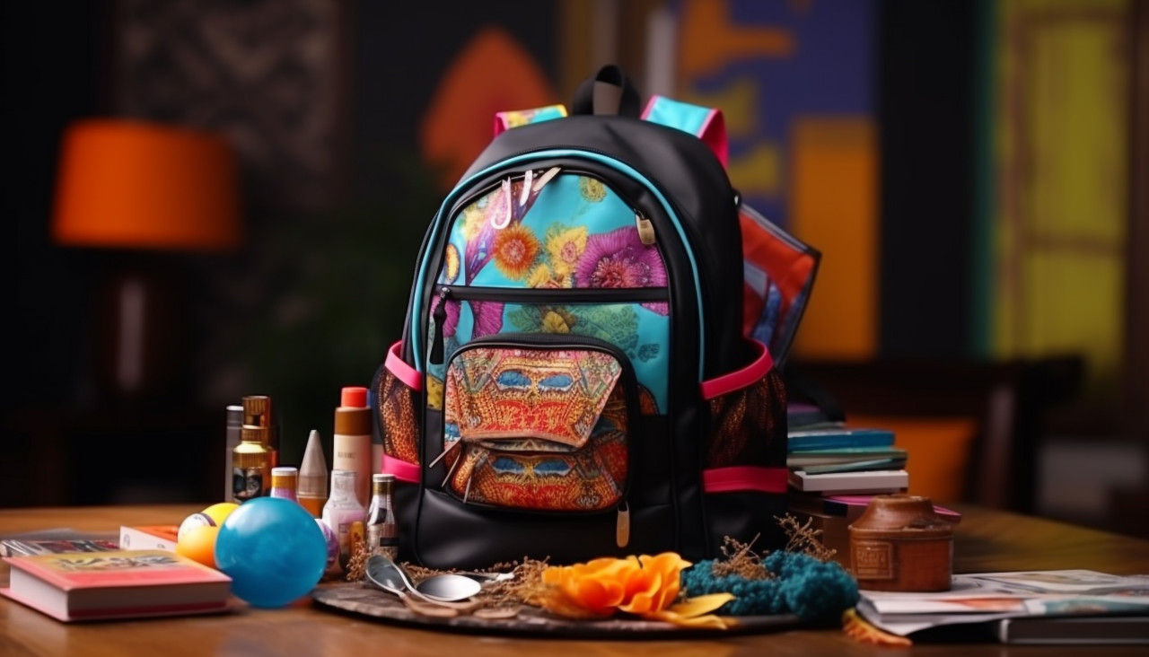 Backpack with different colorful stationery on table. banner design, back to school stock images ai, back to school ai prompts