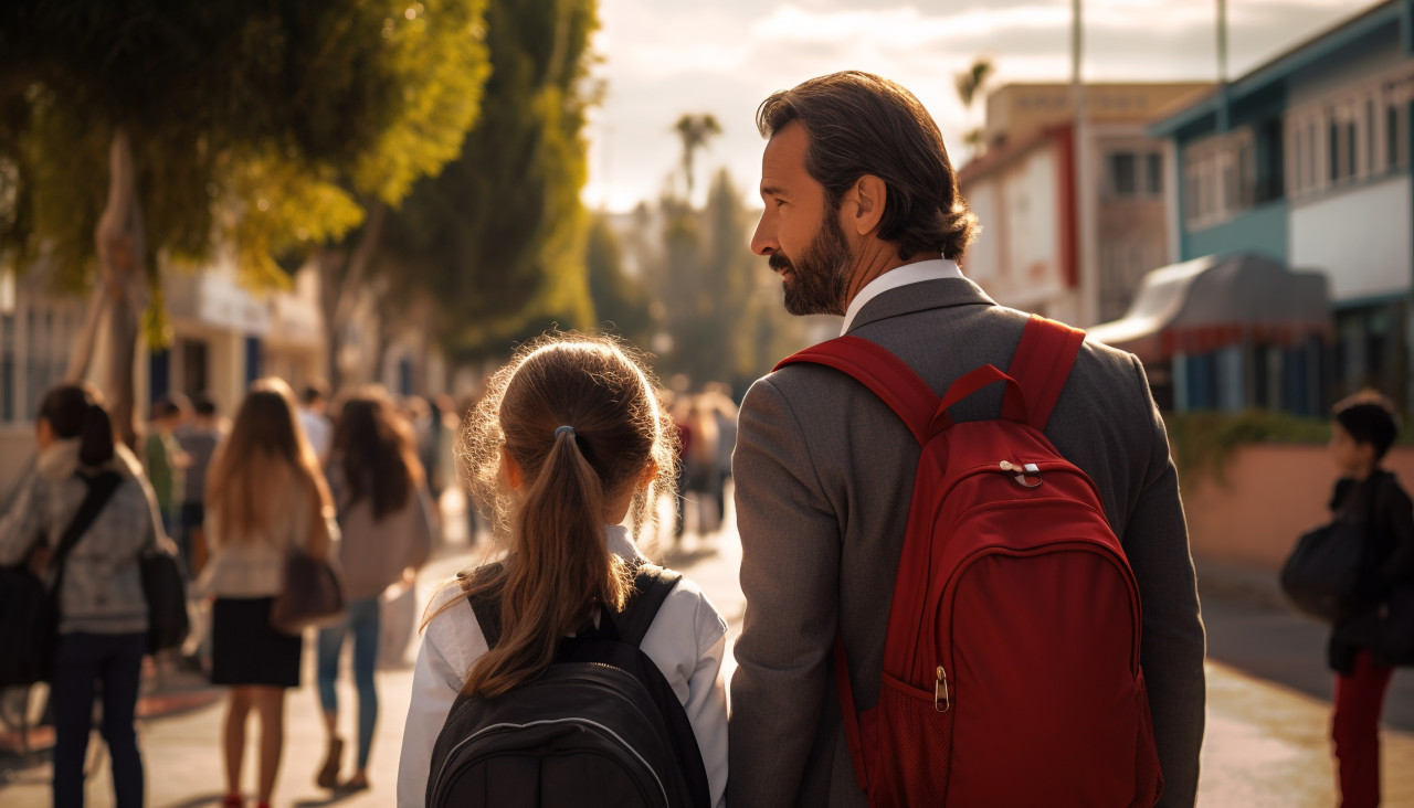 First day at school father leads a little child school, back to school stock images ai, back to school ai prompts