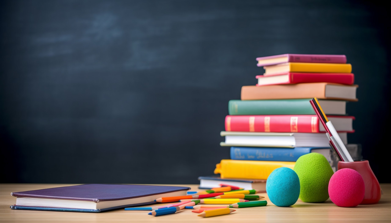 Colorful books on wooden table in classroom, back to school stock images ai, back to school ai prompts