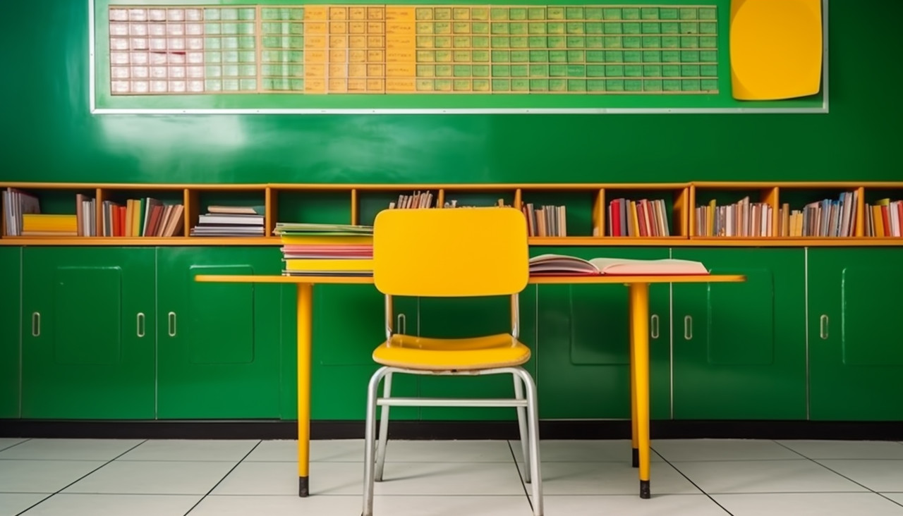 Empty school classroom with chalkboard, back to school stock images ai, back to school ai prompts